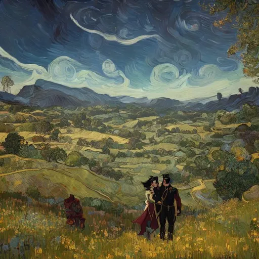 Prompt: Woman kissing Man in landscape of the countryside, Style Flora Bowley and Vincent van Gogh,8k, 
 dynamic lighting, ultra detailed