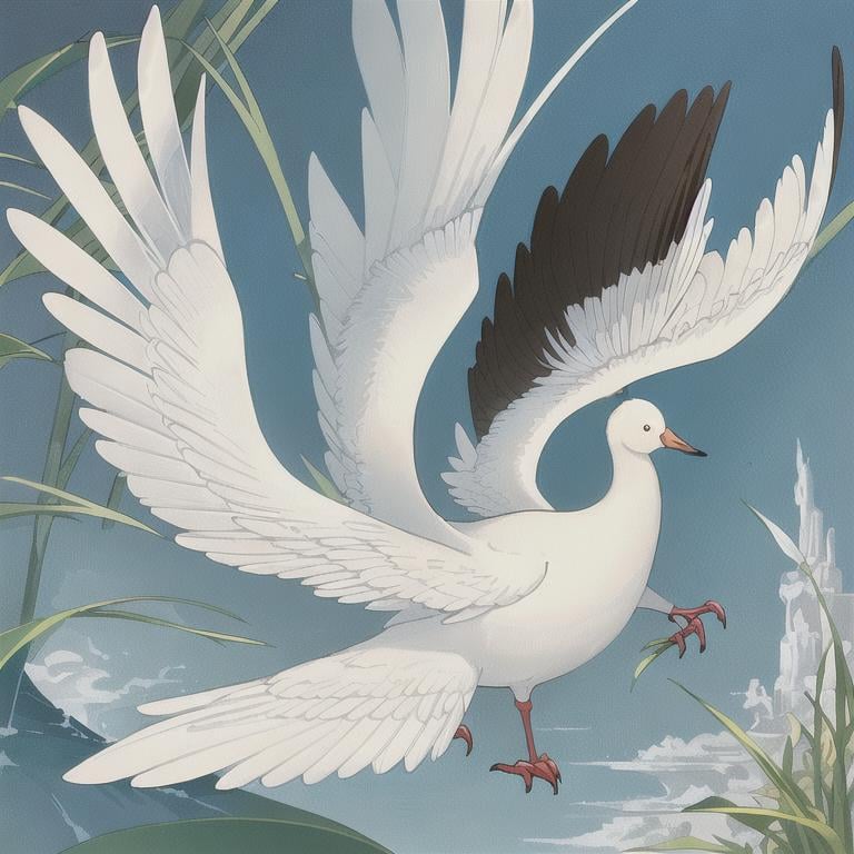 Prompt: Bird book illustration an of a white goose flying above a lazy river, with light blue eyes and long white crest and long black legs, white background with cattail plants, By John James Audubon 