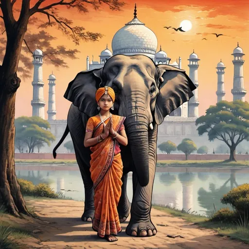 Prompt: An elephant on which a very beautiful young Indian girl is riding, a young girl wearing a very beautiful traditional Indian dress with beautiful jewelry,, an old elephant keeper with Indian half-dresses and a turban on the head are moving in front of the elephant, the old elephant keeper is holding a stick with which he walks, In front of the old elephant man walks a dressed boy who has a limp wrapped around his lower body and holds a lantern in front of him, on the right side of the image a tiger is lurking behind a bush, a raven is tormenting from above. gives, on the right side of the image there are some old stout trees, in the background is the magnificent Taj Mahal, the blurred image of the Taj Mahal is reflected on the water in front of it and a very beautiful and poetic image is created, the sunset with A few small cloud spots, very magical and poetic image created, multi-color woodblock print, Japanese moku hanga style. Ukiyo-e. Exceptionally detailed unusual realistic, style of Andy Farkas, Mio Asahi, Koji Ikuta, Oleg Denisenko. very attractive. high definition . very beautiful color scheme, 16:9, 8k, no frame  highly detailed elegant extremely detailed intricate 8k photorealistic very attractive beautiful high detail wallpaper award winning fantastic view ultra detailed high definition crisp quality colourful hdr very cute Ultra realistic 16:9 16K UHD HDR