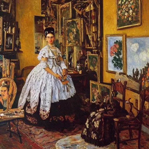 Prompt: a painting by claude monet of a beautiful slender blonde young woman frida kahlo in evening dress in her art studio surrounded by shabby little sketches and small abstract paintings,8k, dynamic lighting, ultra detailed