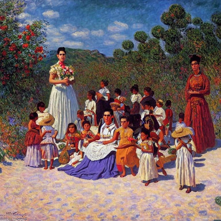 Prompt: a painting by claude monet of a beautiful slender blonde young woman frida kahlo in evening dress on the beach,surrounded by childeren,8k, dynamic lighting, ultra detailed