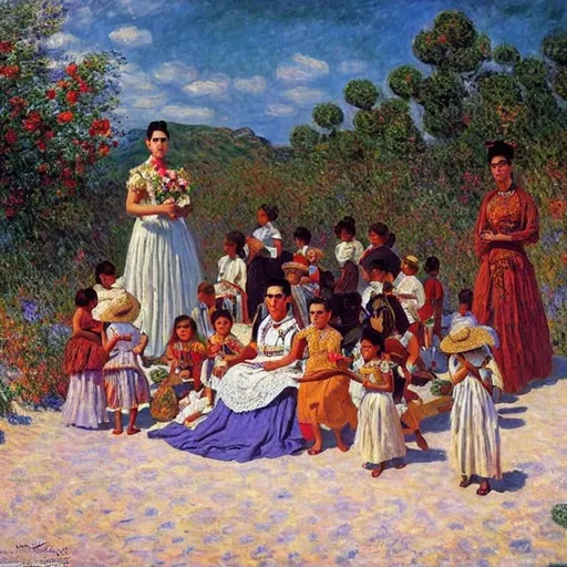 Prompt: a painting by claude monet of a beautiful slender blonde young woman frida kahlo in evening dress on the beach,surrounded by childeren,8k, dynamic lighting, ultra detailed