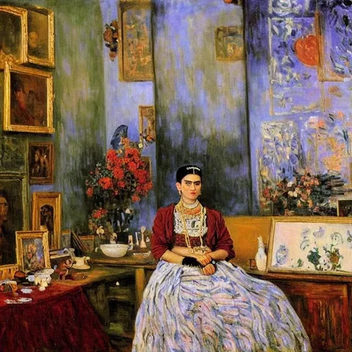 Prompt: a painting by claude monet of a beautiful slender blonde young woman frida kahlo in evening dress in her art studio surrounded by shabby little sketches and small abstract paintings,8k, dynamic lighting, ultra detailed