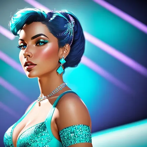 Prompt: a professional photograph of a female 1975 pin-up, optical illusion in background, sparkling turquoise color, exquisite detail, sharp-focus, intricately-detailed, award-winning photograph, low-contrast, high-sharpness, facial-symmetry, depth-of-field, unreal engine render, center image, dream-like, ultra high res, best quality, 8k, raw photo