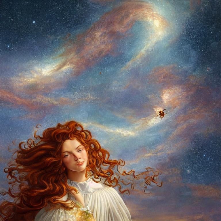 Prompt:  Oil painting by Botticelli portrait of a beautiful woman with curly auburn hair observing star dust and clouds in the milky-way, stunning image, epic fantasy image, award-winning cgi, artstation, blender 