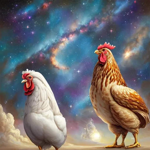 Prompt:  Oil painting by Botticelli portrait of a beautiful chickens observing star dust and clouds in the milky-way, stunning image, epic fantasy image, award-winning cgi, artstation, blender 
