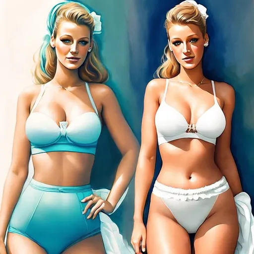 Prompt: Art Deco Fine Art illustration of ((Blake Lively)) as a stunning young and attractive #diaper-girl# Woman, ((wearing an adult diaper)) that is (designed to resemble a Pampers baby diaper). She loves wearing diapers, is an ABDL. The diaper should have a similar shape and design, with a white absorbent core, colored waistband, and cartoon characters or other playful graphics, adult diaper features include its high absorbency, softness, and comfort. The overall tone should be playful and lighthearted, with the goal of appealing to adults who want a diaper that is both functional and fun, trending on artstation.