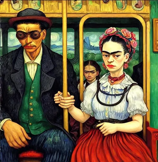 Prompt: A blind man is riding the train. Frida Kahlo a young woman joins him in his carriage, van Gogh style