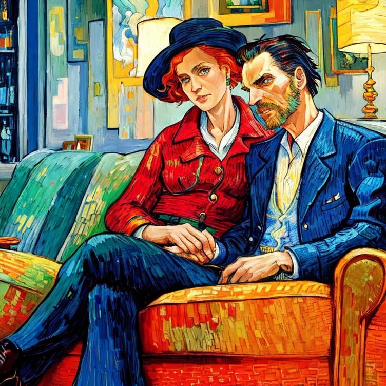 Prompt: Woman sitting on the sofa, Style Flora Bowley and Vincent van Gogh,8k and Enki Bilal and Anton Pieck, dynamic lighting, ultra detailed