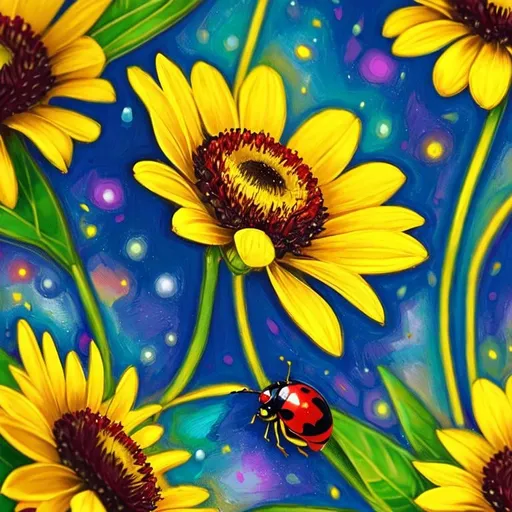 Prompt:  close up of an ladybug on yellow flower,  Style Flora Bowley and Vincent van Gogh,8k, dynamic lighting, ultra detailed