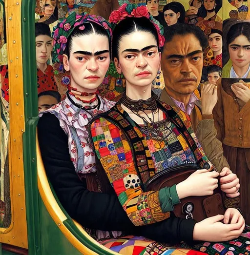 Prompt: A blind man is riding the train. Frida Kahlo a young woman joins him in his carriage, patchwork by Gustav Klimt and James Jean