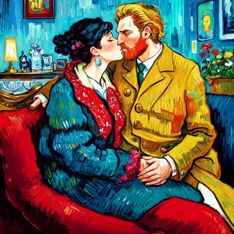 Prompt: Woman kissing Man sitting on the sofa, Style Flora Bowley and Vincent van Gogh,8k and Enki Bilal and Anton Pieck, dynamic lighting, ultra detailed