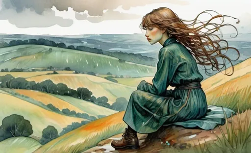 Prompt: A girl sitting on a hill with her back to the viewer, hit by the rain, rain-soaked hair and clothing, watercolor, style van Gogh and Alphonse Mucha, Art Nouveau, Enki Bilal and Flora Bowley, style by Sam Yang and WATERHOUSE