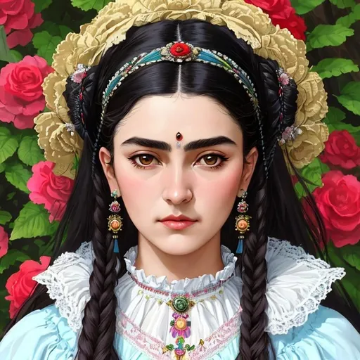 Prompt: Please paint a portrait of a beautiful young long haired Victorian era woman, looks like Friesa Kahlo. English garden backdrop.  Concept art in the style of Yoji Shinkawa, a hyper realistic close-up portrait, 4K symmetrical portrait, in-focus, trending in artstation, cgsociety, 8k post-processing highly detailed, Craig Mullins, Casey Baugh, wlop, Sharandula, Tom Bagshaw, Ross Tran, Artgerm, dramatic, moody lighting, characters 8K symmetrical, artstation, cinematic lighting, intricate details, 8k detail post processing, chiaroscuro --no dof --uplight:1.2), portrait, high detail, realistic, hyperrealistic, premium quality, digital painting, concept art, artistic, portrait