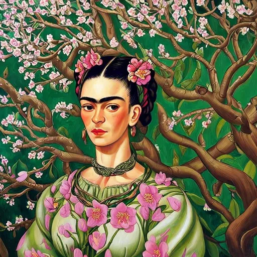 Prompt: Frida Kahlo as Woman in garden, almond blossom luminous trees, intriguing flowers, highly detailed painting, intricate, high quality oil painting , woman Sandro Botticelli style