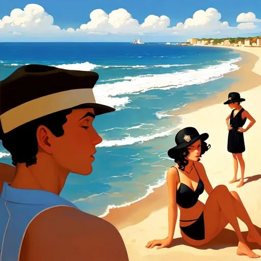 Prompt:  beach landscape, boys and girls Style: Jack Vettriano, catherine abel, beautiful crisp colors 