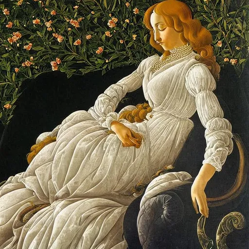 Prompt:  Woman on the couch , highly detailed painting, intricate, high quality oil painting , woman Sandro Botticelli style 