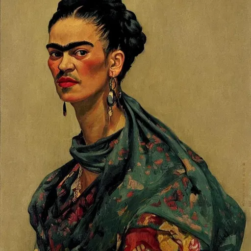 Prompt: portrait of frida kahlo, white background, detailed painting, epic lighting, by ilya repin, phil hale and kent williams, Vincent van Gogh