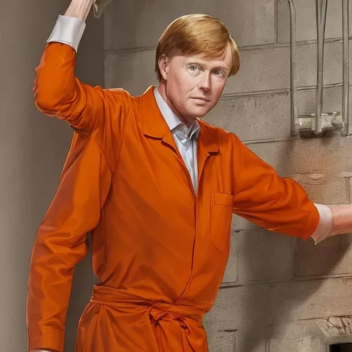 Prompt: King willem alexander in prison wearing orange scrubs prison uniform