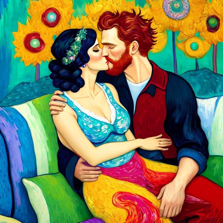 Prompt: Woman kissing Man sitting on the sofa, Style Flora Bowley and Vincent van Gogh, 8k , dynamic lighting, ultra detailed 