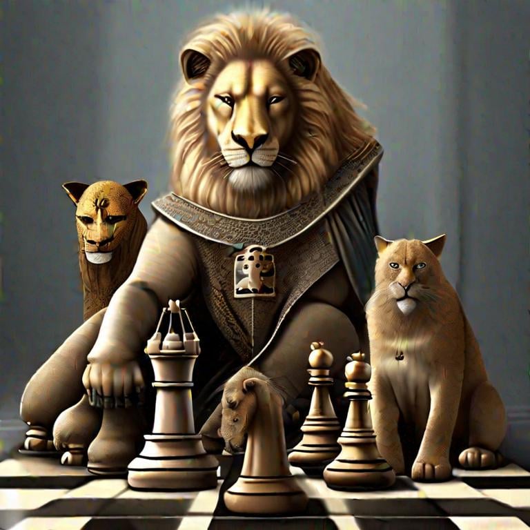 Prompt: Chess with lion as the king lioness as queen horse as knight elephant as bishop and camel as rook and cat as pawn ultra realistic art