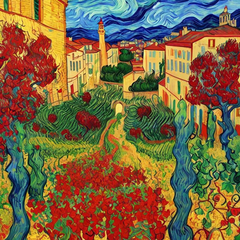 Prompt: Le vignoble rouge en france, arles ,  Style Flora Bowley and Vincent van Gogh,8k, dynamic lighting, ultra detailed 