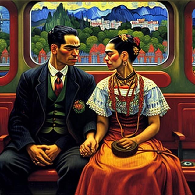 Prompt: A blind man is riding the train. Frida Kahlo a young woman joins him in his carriage, van Gogh style, Fantastic view, Alphonse Mucha , Gustav Klimt, Enki Bilal