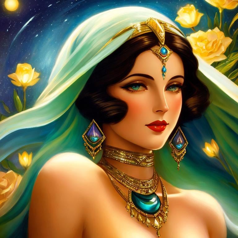 Prompt: art deco woman, in style of Elifcan, fantasy studio lighting oil on canvas beautiful high detail crisp quality