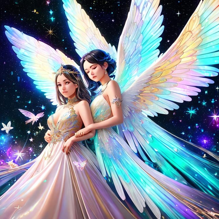 Prompt: Gorgeous angel and mother-of-pearl colored wings made out of luminous stars and galaxy at night, hyperdetailed and highly intricate digital illustration by Ismail Inceoglu, Erin Hanson, Hayao Miyazaki and Yoshitaka Amano, a masterpiece, 8k resolution, trending on artstation, Ray Tracing Reflections, volumetric lighting, deep colors, unreal engine