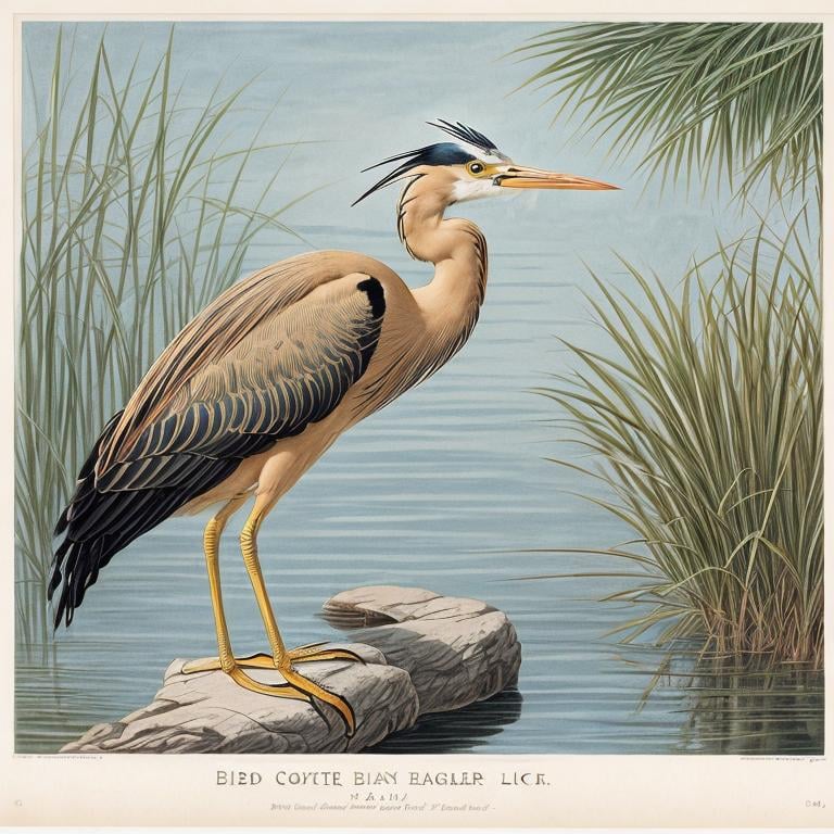 Prompt: Bird book illustration of a golden heron with light blue eyes and long white crest and long black legs, white background with cattail plants, By John James Audubon