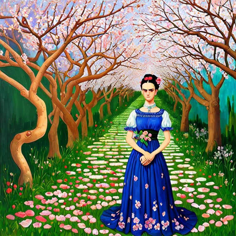 Prompt:  Beautiful Frida Kahlo as Woman in garden, almond blossom luminous trees, intriguing flowers, highly detailed painting, intricate, high quality oil painting , woman Sandro Botticelli style and patchwork by Megan Duncanson and Jennifer Lommers and Didier Lourenço 