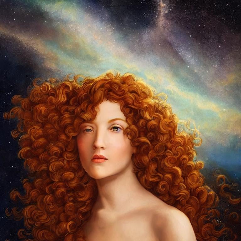 Prompt:  Oil painting by Botticelli portrait of a beautiful woman with curly auburn hair observing star dust and clouds in the milky-way, stunning image, epic fantasy image, award-winning cgi, artstation, blender 