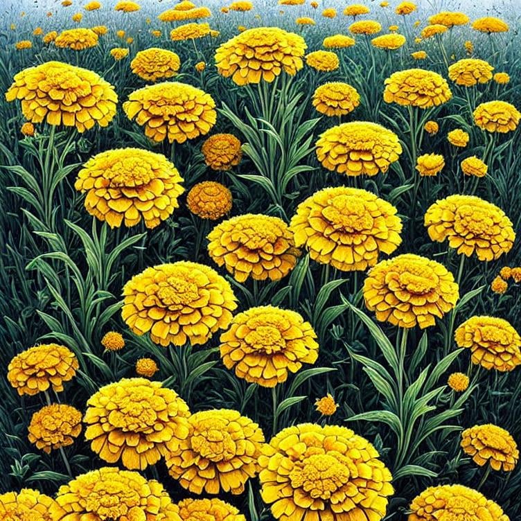 Prompt: Striking Yellow and Gray landscape with Marigold Flowers. extreme details, highly detailed, extremely detailed, beautiful, high detail, ultra detailed, high definition, hdr, acrylic art, intricate details, Jacek Yerka