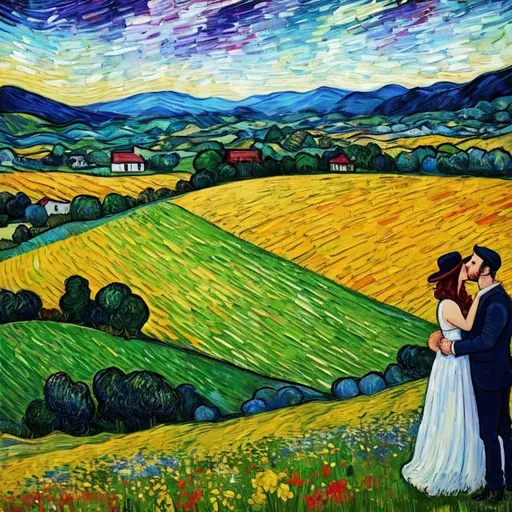 Prompt: Woman kissing Man in landscape of the countryside, Style Flora Bowley and Vincent van Gogh,8k, 
 dynamic lighting, ultra detailed