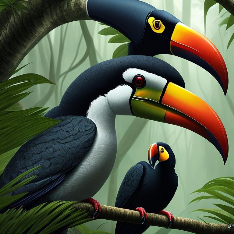 Prompt:  Bird book illustration an of an toucan, background misty dark jungle, cinematic, highly detailed, closeup, digital painting, highly chiseled features, fine body detail, high detail facial features, intricate, very sharp muscular detail, artstation, concept art, smooth, sharp focus, illustration, art By John James Audubon