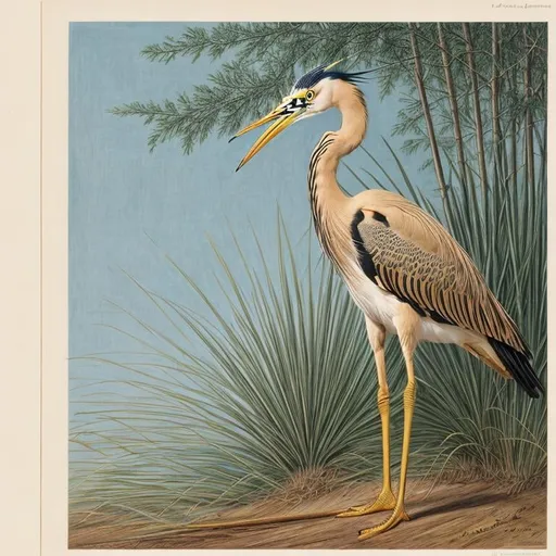 Prompt: Bird book illustration of a golden heron with light blue eyes and long white crest and long black legs, white background with cattail plants, By John James Audubon