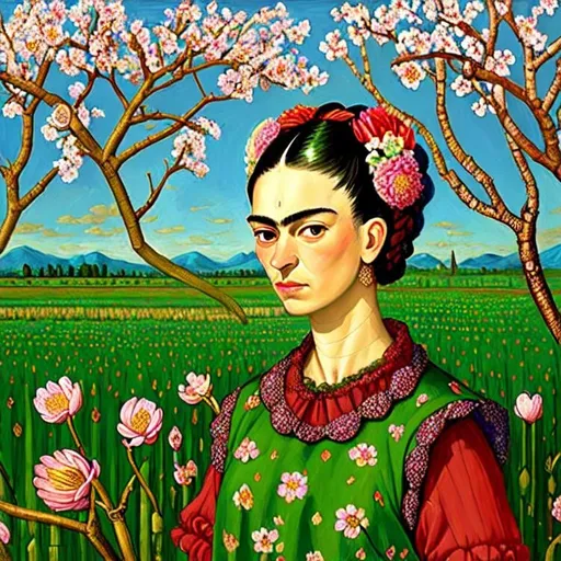 Prompt:  Beautiful Frida Kahlo as Woman in corn fields, field workers, almond blossom luminous trees, intriguing flowers, highly detailed painting, intricate, high quality oil painting , woman Sandro Botticelli style and patchwork by Megan Duncanson and Jennifer Lommers and Didier Lourenço 