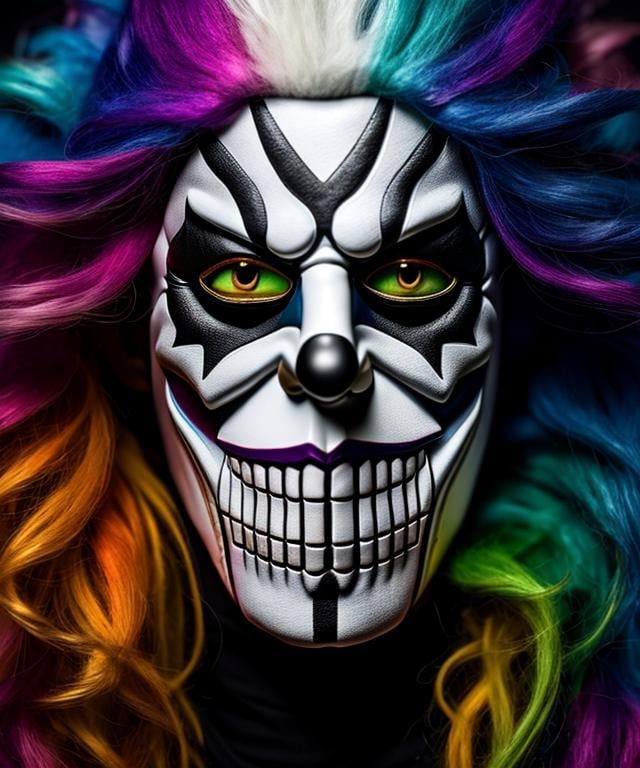 Prompt:  écolorful portraits of a scary masked clown stunning wallpaper, very very detailed,fantasy ,8k, elegant,extremely detailed,fantasy,8k,fantastic view,hypperrealistic,4K 3D, high definition,matte background, bokey 