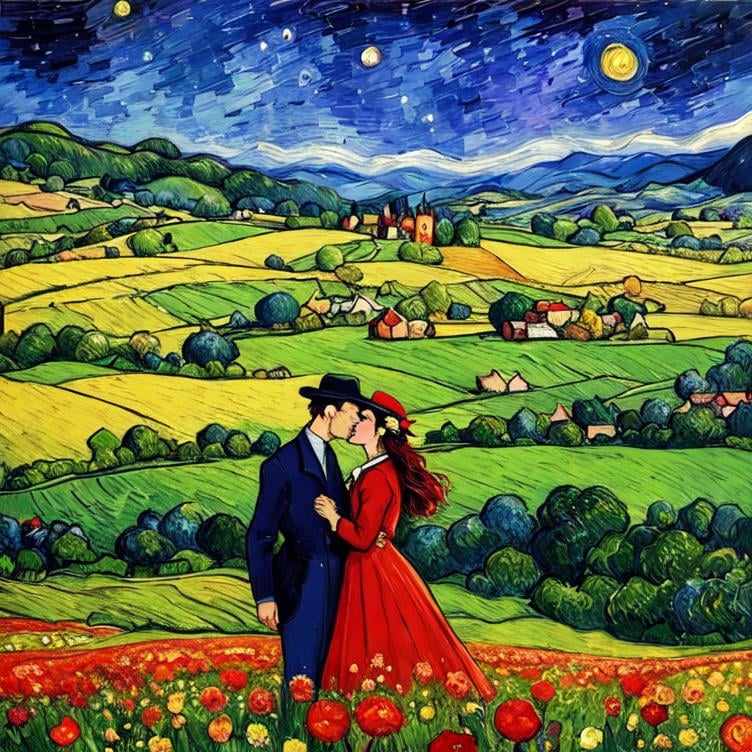 Prompt: Woman kissing Man in landscape of the countryside, Style Flora Bowley and Vincent van Gogh,8k and Enki Bilal and Anton Pieck, dynamic lighting, ultra detailed