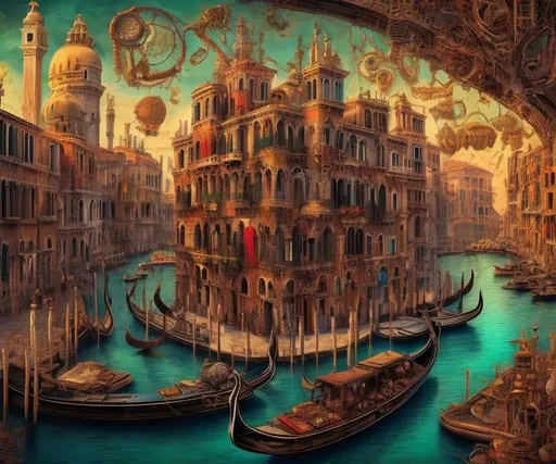 Prompt: colorful and surreal steampunk Venezia with a lot of grotesque fractal patterns