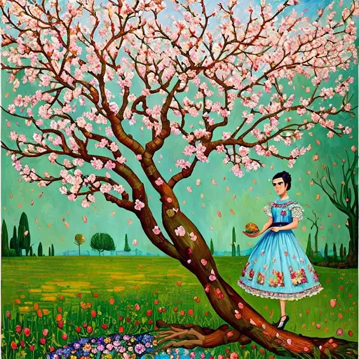 Prompt:  Frida Kahlo as Woman in garden, almond blossom luminous trees, intriguing flowers, highly detailed painting, intricate, high quality oil painting , woman Sandro Botticelli style and patchwork by Megan Duncanson and Jennifer Lommers and Didier Lourenço 