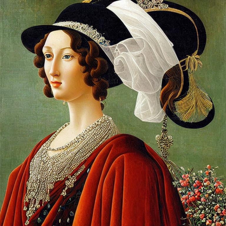 Prompt:  Woman with beautiful hat, highly detailed painting, intricate, high quality oil painting , woman Sandro Botticelli style 