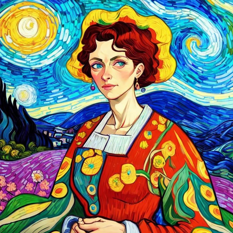 Prompt: Beautiful italian lady in an beautiful landscape of Umbrië, Style Flora Bowley and Vincent van Gogh,8k, dynamic lighting, ultra detailed