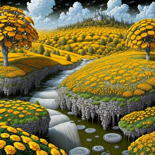 Prompt: Striking Yellow and Gray landscape with Marigold Flowers. extreme details, highly detailed, extremely detailed, beautiful, high detail, ultra detailed, high definition, hdr, acrylic art, intricate details, Jacek Yerka