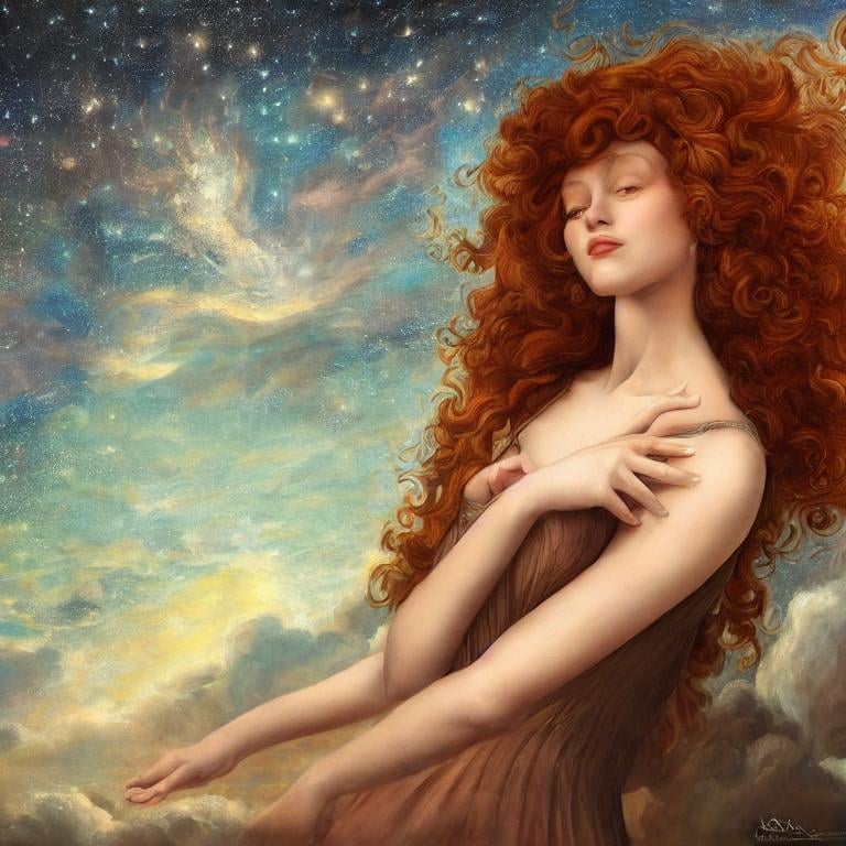 Prompt:  Oil painting by Botticelli portrait of a beautiful woman with curly auburn hair observing star dust and clouds in the milky-way, stunning image, epic fantasy image, award-winning cgi, artstation, blender 