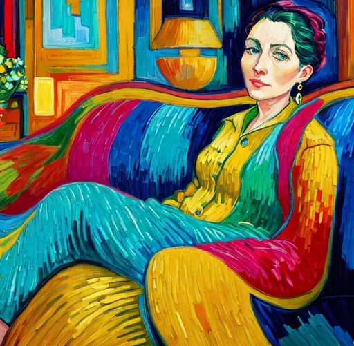 Prompt: Woman sitting on the sofa, Style Flora Bowley and Vincent van Gogh,8k, dynamic lighting, ultra detailed