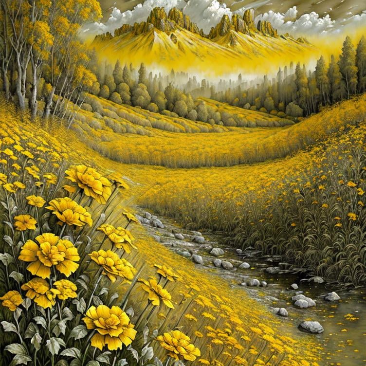 Prompt: Striking Yellow and Gray landscape with Marigold Flowers. extreme details, highly detailed, extremely detailed, beautiful, high detail, ultra detailed, high definition, hdr, acrylic art, intricate details, Jacek Yerka