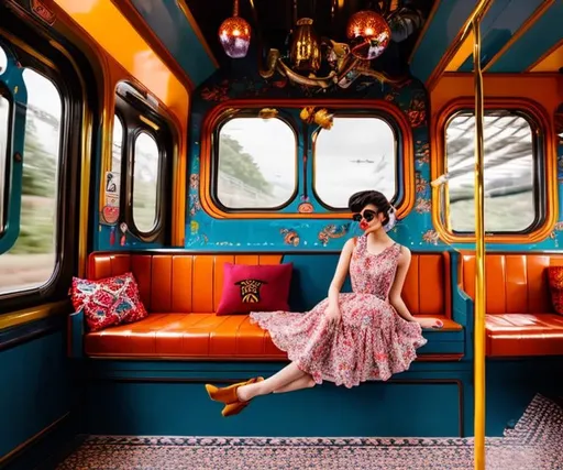 Prompt:  A fusion of fashion-forward styling for a blog, evoking a whimsical and fantastical ambiance against a backdrop of a train. 