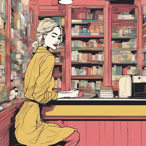 Prompt: minimalist graphic poster of a modern young blonde vietnamese woman sitting behind the counter in a little vintage bookstore. She looks up with pleasant surprise to great a european woman entering the bookshop, solid colors only. one line drawing. art deco and marimekko, final features, illustrative stylization, graphic emphasis, high accent textures, colored line patterns.