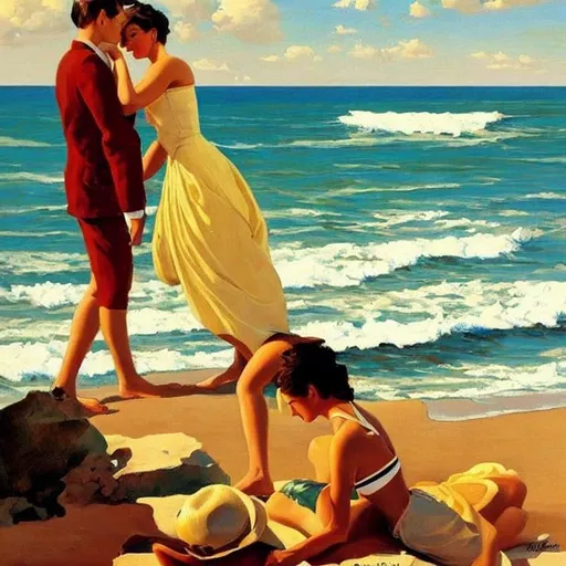 Prompt:  beach landscape, boys and girls Style: Jack Vettriano, catherine abel, beautiful crisp colors 